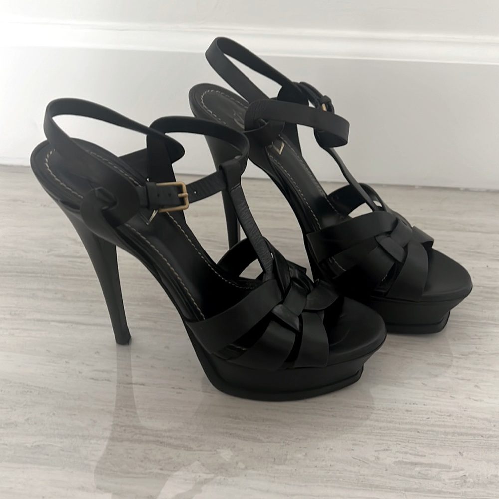 Saint Laurent Tribute 105 Leather High Heel Platform Sandals Black